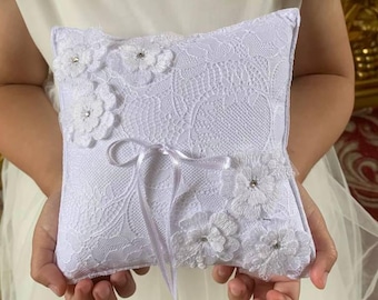 French Lace Ring Bearer Pillow with Swarovski Crystals, Personalized Cotton Wedding Ring Cushion, 3D Floral Bridal Ring Holder, Custom Decor