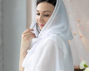 Velo infinito in pizzo chiffon bianco - Copricapo da preghiera per il battesimo