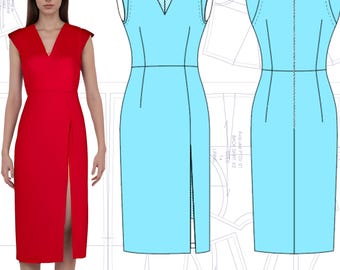 Dress Sewing Pattern V-Neck Front Slit all size 0-22 US  – PDF Download | Elegant Sleeveless Midi Dress Pattern | DIY Fashion Sewing Project