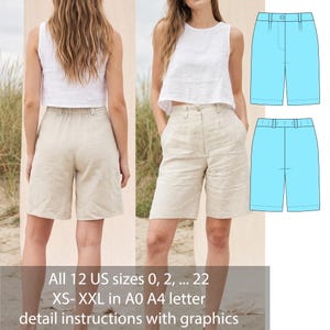 Può includere: Pantaloncini in lino beige con design a vita alta, chiusura con bottone, passanti per cintura e tasche laterali. L'immagine include un disegno tecnico blu dei pantaloncini e il testo: All 12 US sizes 0, 2, ... 22 XS- XXL in A0 A4 letter detail instructions with graphics.