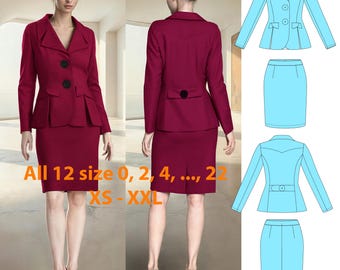 Elegant Women’s Suit Sewing Pattern PDF | Blazer & Skirt Set | Digital Download A0 A4 Letter | Sizes US 0–22