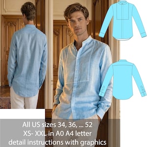 Könnte beinhalten: Hellblaues Leinenhemd mit Stehkragen, von vorne und hinten gezeigt, sowie eine Abbildung. Das Hemd hat lange Ärmel und geknöpfte Manschetten. Der Text auf dem Bild lautet: "All US sizes 34, 36, ... 52 XS- XXL in A0 A4 letter detail instructions with graphics."