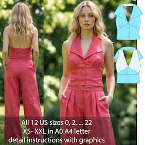 Peut inclure: Une femme porte un haut dos nu corail et un pantalon large assorti. Le haut a un col et une fermeture boutonnée. L'image comprend également un schéma de patron de couture. Le texte sur l'image indique : "All 12 US sizes 0, 2, ... 22 XS-XXL in A0 A4 letter detail instructions with graphics."
