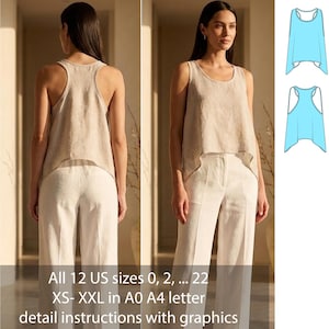 Puede incluir: Imagen de moda que muestra una camiseta sin mangas de lino beige y pantalones blancos. La camiseta sin mangas tiene un diseño de espalda de nadador y un dobladillo en capas y fluido. La imagen también incluye un dibujo técnico de la parte superior. El texto en la imagen dice: "All 12 US sizes 0, 2, ... 22 XS- XXL in A0 A4 letter detail instructions with graphics."