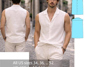 Men's Sleeveless Linen Shirt Sewing Pattern PDF, Summer Button Shirt, Open Collar Linen Top | Minimalist Resort Shirt | Sizes US 34–52