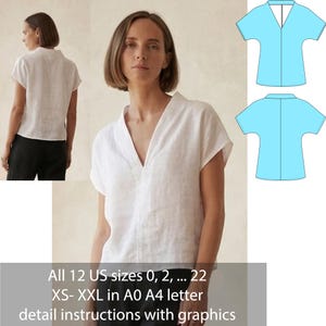 May include: A white linen top with a V-neck and short sleeves. The image shows the front and back views of the top, along with a diagram. The text on the image says "All 12 US sizes 0, 2, ... 22 XS-XXL in A0 A4 letter detail instructions with graphics."