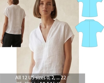 Linen Blouse Sewing Pattern PDF, V Neck Top Pattern, Loose Fit Summer Shirt, Minimalist Linen Top Pattern Sizes 0–22