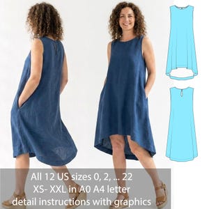 May include: A sleeveless navy blue dress with a high-low hemline, round neckline, and side pockets. The image includes technical line drawings of the garment and text stating: All 12 US sizes 0, 2, ... 22 XS- XXL in A0 A4 letter detail instructions with graphics.