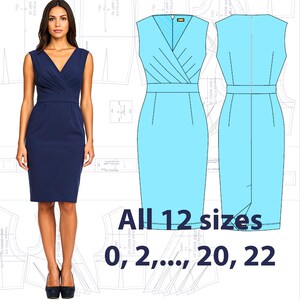 Sizes US 0-22 Pleated Dress PDF Sewing Pattern Sleeveless Pencil Dress| Classic Fitted V-Neck Dress |  Instant Download