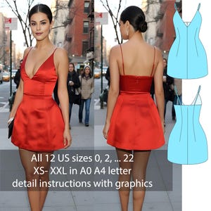 May include: A red satin dress with a V-neck and spaghetti straps. The image shows the dress from the front and back, along with a light blue illustration. Text on the image reads: All 12 US sizes 0, 2, ... 22, XS-XXL in A0 A4 letter, detail instructions with graphics.
