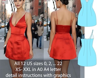 Patrón de costura en PDF para vestido de alfombra roja de celebridades / Minivestido de satén / Escote en V profundo / Descarga digital A0 A4 Carta / Tallas EE. UU. 0–22