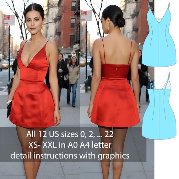 Celebrity Red Carpet Dress Sewing Pattern PDF | Satin Mini Dress | Deep V Neck | Digital Download A0 A4 Letter | US 0–22
