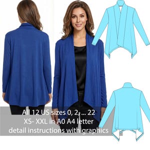 May include: A blue long-sleeve cardigan with a draped front, shown on a model and as a technical drawing. The image includes text indicating sizes from US 0 to 22, XS-XXL, and detailed instructions.