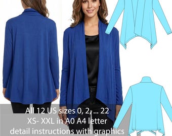 Könnte beinhalten: Ein blauer Langarm-Cardigan mit drapiertem Vorderteil, gezeigt an einem Model und als technische Zeichnung. Das Bild enthält Text mit Größen von US 0 bis 22, XS-XXL und detaillierte Anweisungen.
