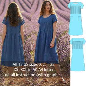 Patrón de costura para vestido de lino (PDF) con descarga instantánea / Vestido midi de corte A con pliegues elevados