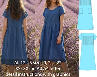 Patrón de costura para vestido de lino (PDF) con descarga instantánea / Vestido midi de corte A con pliegues elevados