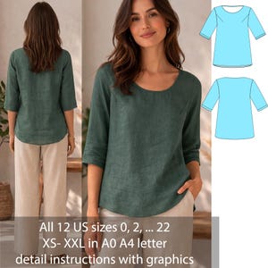 May include: A woman modelling a dark green linen top with three-quarter sleeves and a scoop neckline. The image also includes a diagram of the top and text that reads: All 12 US sizes 0, 2, ... 22 XS- XXL in A0 A4 letter detail instructions with graphics.