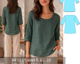 Linen Tunic Blouse Sewing Pattern Women's Minimalist Scoop Neck Top Digital PDF Pattern Sizes 0-22 A0, A4, US Letter | Easy Beginner Project