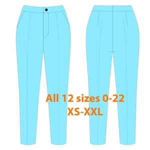 May include: Two light blue pants, one showing the front with a button and pockets, the other showing the back. Text in orange reads "All 12 sizes 0-22 XS-XXL".