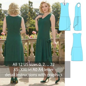 Puede incluir: Un vestido verde oscuro sin mangas con escote en V y falda plisada lateral con un pequeño lazo. La imagen incluye bocetos técnicos y el texto: All 12 US sizes 0, 2, ... 22 XS- XXL in A0 A4 letter detail instructions with graphics.