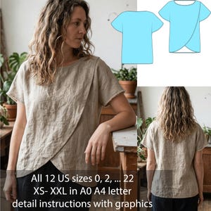 May include: A beige linen top with a wrap-around design and short sleeves, worn by a woman. The top features a raw edge. The image includes a diagram of the top and text indicating sizes XS-XXL in US sizes 0-22, with detailed instructions.