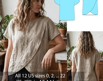 Linen Wrap Top Sewing Pattern PDF Asymmetrical Overlap Blouse Pattern | Minimalist Linen Top | Easy Summer Sewing Pattern | US Sizes 0–22