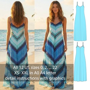 Puede incluir: Un vestido largo y fluido con cuello en V y tirantes finos. El vestido presenta un estampado de chevrón azul y turquesa. La imagen también incluye un dibujo lineal del vestido y el texto "All 12 US sizes 0, 2, ... 22 XS-XXL in A0 A4 letter detail instructions with graphics."