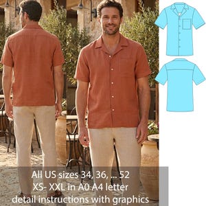 Mönster för herrskjorta med kort ärm i linne, PDF, skjortmönster med lägerkrage | Sommarresortskjorta | Avslappnad linneskjorta | Storlekar 34–52