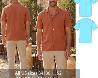 Men's Linen Short Sleeve Shirt Sewing Pattern PDF, Camp Collar Shirt Pattern | Summer Resort Shirt | Casual Linen Shirt | Sizes 34–52
