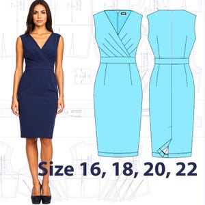 Pleated Dress PDF Sewing Pattern Size 16, 18, 20, 22 US | Classic Fitted Sleeveless V-Neck Dress| A4 letter A0 Digital Instant Download file