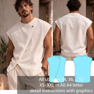 May include: A sleeveless off-white top with an asymmetrical overlapping front panel secured by a single button at the neckline. The image includes a light blue technical diagram showing front and back views with text: All US sizes 34, 36, ... 52 XS- XXL in A0 A4 letter detail instructions with graphics.