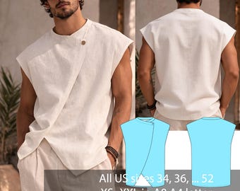 May include: A sleeveless off-white top with an asymmetrical overlapping front panel secured by a single button at the neckline. The image includes a light blue technical diagram showing front and back views with text: All US sizes 34, 36, ... 52 XS- XXL in A0 A4 letter detail instructions with graphics.