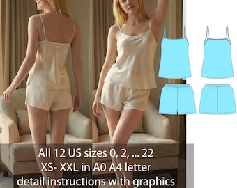 May include: A woman wearing a beige satin pajama set, consisting of a camisole top and shorts. The image also shows a technical drawing of a blue camisole and shorts. Text on the image reads: All 12 US sizes 0, 2, ... 22 XS-XXL in A0 A4 letter detail instructions with graphics.