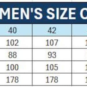 May include: A size chart labeled "AVA LUKE MEN'S SIZE CHART (US)" with measurements in centimeters. The chart includes EU sizes from 34 to 52, with corresponding chest, waist, hips, and height measurements.