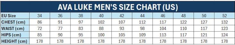 May include: A size chart labeled "AVA LUKE MEN'S SIZE CHART (US)" with measurements in centimeters. The chart includes EU sizes from 34 to 52, with corresponding chest, waist, hips, and height measurements.
