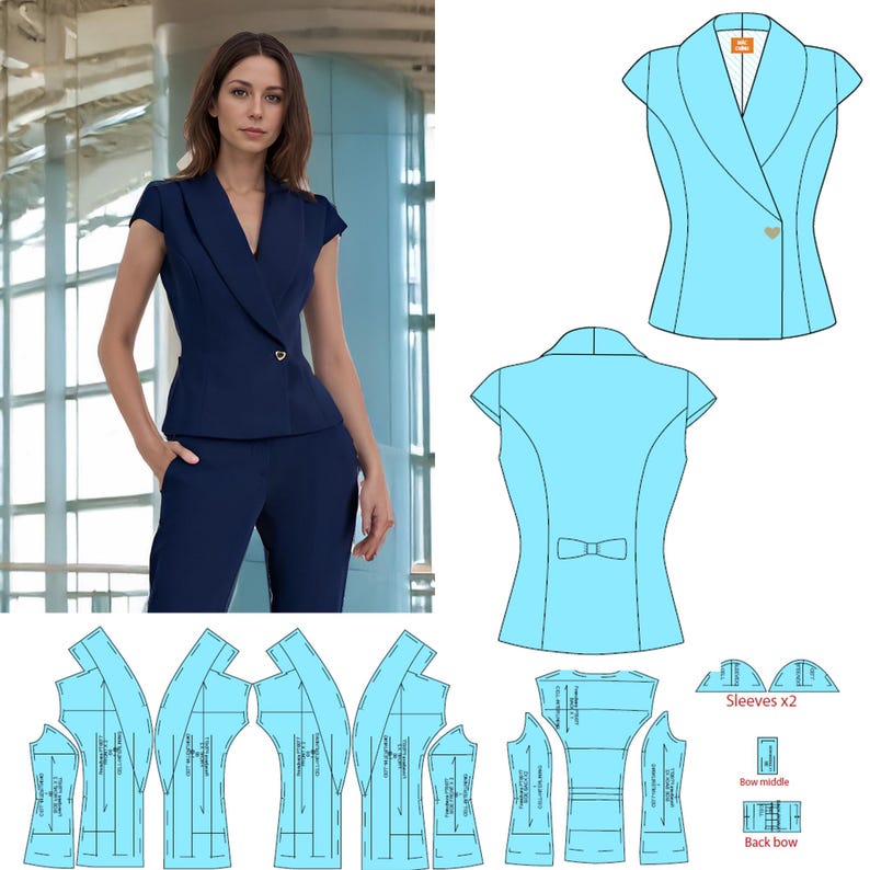 May include: A navy blue short-sleeved blazer and matching pants. The blazer has a wrap-style front with a gold-colored button. The image also includes a technical drawing of a light blue blazer with a bow detail on the back and pattern pieces.