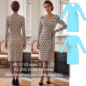 Patrón de costura para vestido cruzado (PDF), patrón de vestido de manga larga con cuello en V, largo hasta la rodilla, patrón de vestido DIY para mujer, tallas 0-22