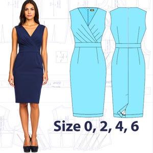 Pleated Dress PDF Sewing Pattern Size 0, 2, 4, 6 US | Classic Fitted Sleeveless V-Neck Dress| A4 letter A0 Digital Instant Download file
