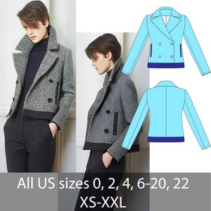 Puede incluir: Chaqueta estampada en blanco y negro con diseño cruzado, botones negros y ribete negro. La imagen también muestra un diseño de chaqueta azul claro. El texto en la imagen dice: All US sizes 0, 2, 4, 6-20, 22, XS-XXL.