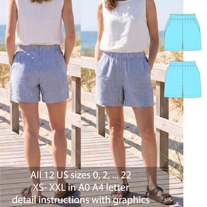 Può includere: Pantaloncini a righe verticali blu e bianche con elastico in vita e tasche laterali. L'immagine include un disegno tecnico dei pantaloncini e il testo: All 12 US sizes 0, 2, ... 22 XS- XXL in A0 A4 letter detail instructions with graphics.