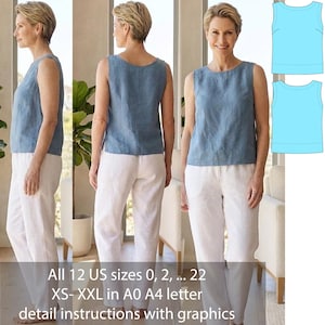 Könnte beinhalten: Ein ärmelloses blaues Oberteil mit Rundhalsausschnitt und eine weiße Hose. Das Bild enthält eine technische Zeichnung des Oberteils und den Text: All 12 US sizes 0, 2, ... 22 XS- XXL in A0 A4 letter detail instructions with graphics.