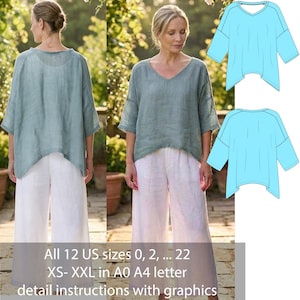 Puede incluir: Una mujer con una blusa azul claro con cuello en V y pantalones blancos. La blusa tiene mangas cortas y un dobladillo asimétrico. La imagen también muestra un diagrama de la blusa. El texto en la imagen dice: Todas las tallas US 0, 2, ... 22 XS- XXL en A0 A4 carta instrucciones detalladas con gráficos.