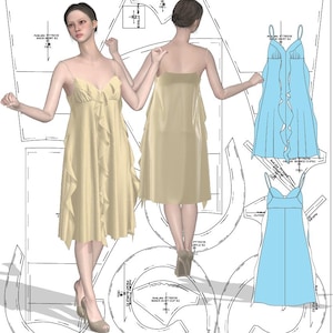 May include: A light yellow dress with spaghetti straps and a ruffled front. The dress is shown on a mannequin, with a second mannequin wearing a similar dress. Blue dress sketches are in the background.