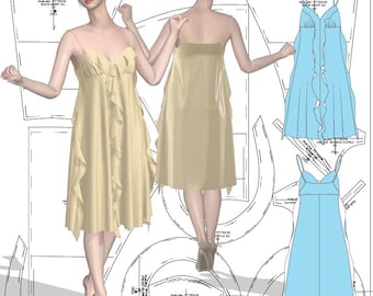PDF size 0-22 Nightdress with Ruffles| Women’s Lingerie PDF Pattern | Bust Cup, Ruffles & Rolled Hem | Instant Download A0 A4 letter formats
