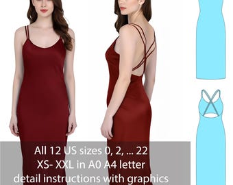 Open Back Slip Dress Sewing Pattern PDF digital Download • Strappy Midi  • Elegant Evening DIY A0 A4 Letter Formats