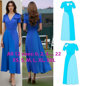 Puede incluir: Un vestido midi azul cobalto con cuello en V y mangas cortas. El vestido presenta un diseño de bloques de color con un panel azul más claro en la falda. El texto en la imagen dice "All 12 sizes: 0, 2, 4... 22 XS, S, M, L, XL, XXL".