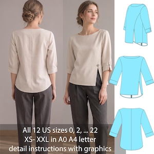 Peut inclure: Un chemisier beige à manches trois-quarts, encolure ronde et fente latérale avec un bouton unique. L'image inclut des dessins techniques du vêtement et le texte : All 12 US sizes 0, 2, ... 22 XS- XXL in A0 A4 letter detail instructions with graphics.