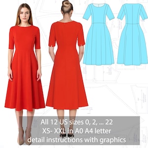 May include: A red midi dress with short sleeves and a round neckline, shown from front and back views alongside light blue technical sketches and sewing patterns. Text reads: All 12 US sizes 0, 2, ... 22 XS- XXL in A0 A4 letter detail instructions with graphics.
