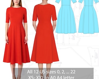 Könnte beinhalten: Ein rotes Midikleid mit kurzen Ärmeln und Rundhalsausschnitt, dargestellt in Vorder- und Rückansicht neben hellblauen technischen Skizzen und Schnittmustern. Der Text lautet: All 12 US sizes 0, 2, ... 22 XS- XXL in A0 A4 letter detail instructions with graphics.