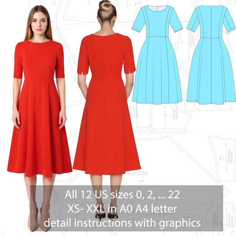May include: A red midi dress with short sleeves and a round neckline, shown from front and back views alongside light blue technical sketches and sewing patterns. Text reads: All 12 US sizes 0, 2, ... 22 XS- XXL in A0 A4 letter detail instructions with graphics.